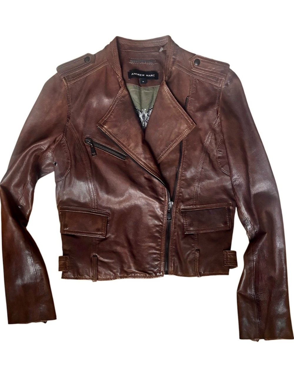 Andrew Marc Distressed Brown Leather Moto Jacket, Excellent Condition